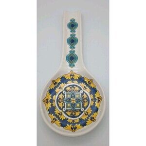 Cost Plus World Market Ceramic Spoon Rest with Blue and Yellow Design
